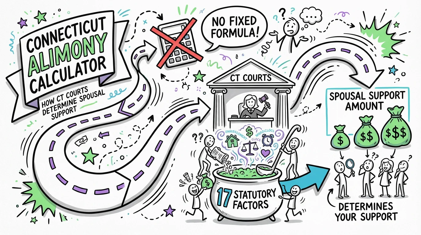 Sketchnote visual guide for Connecticut Alimony Calculator: How CT Courts Determine Spousal Support