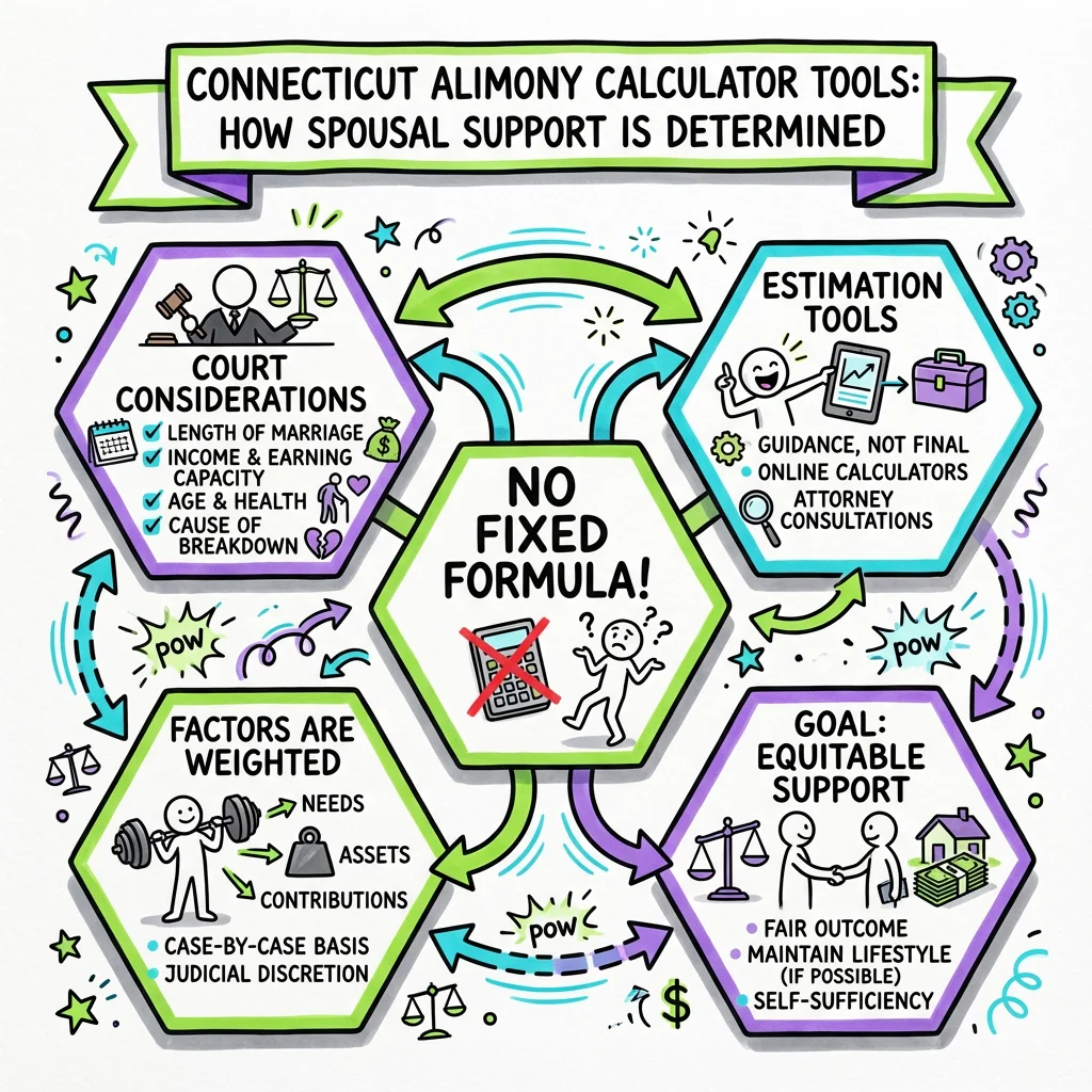 Illustrated guide summarizing the main points about Connecticut Alimony Calculator Tools: How Spousal Support Is Determined