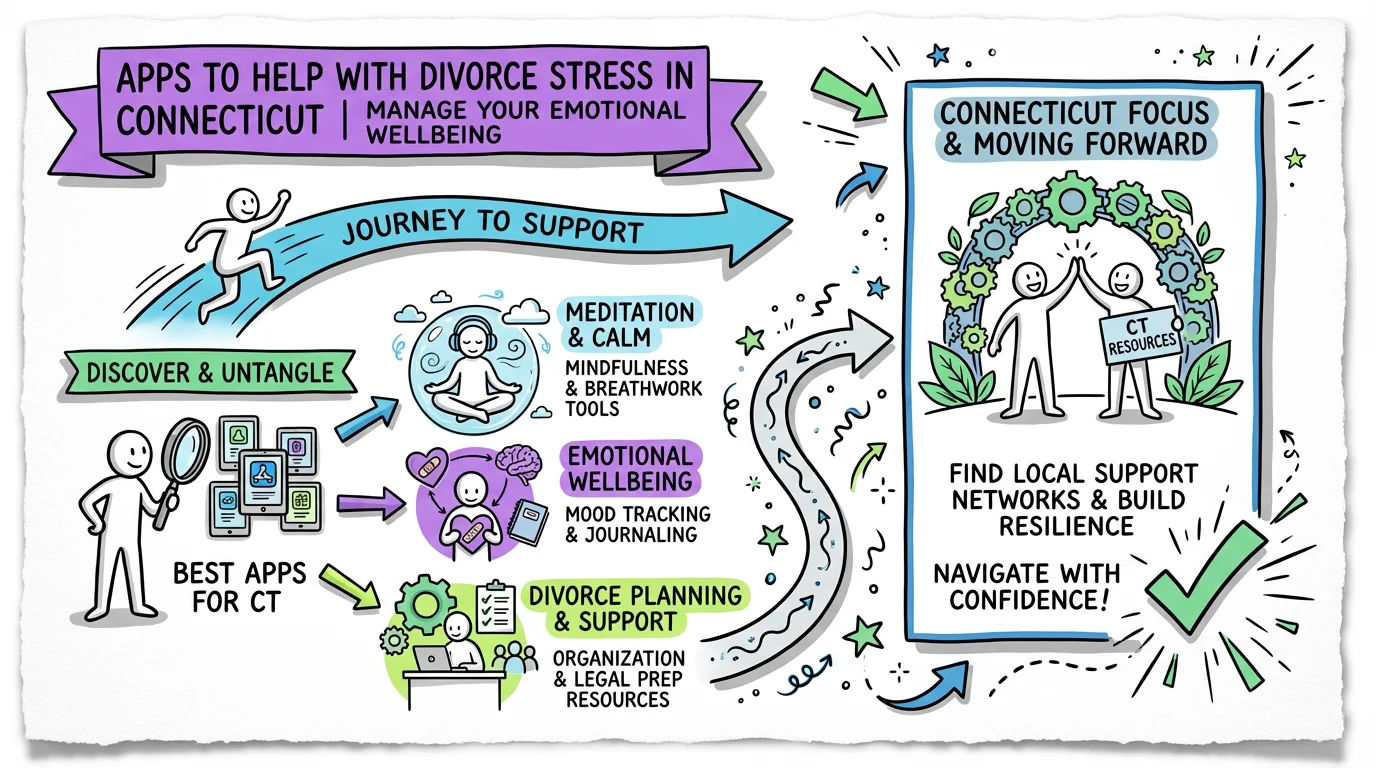 Visual overview showing the key steps and concepts for Apps to Help with Divorce Stress in Connecticut | Manage Your Emotional Wellbeing in Connecticut