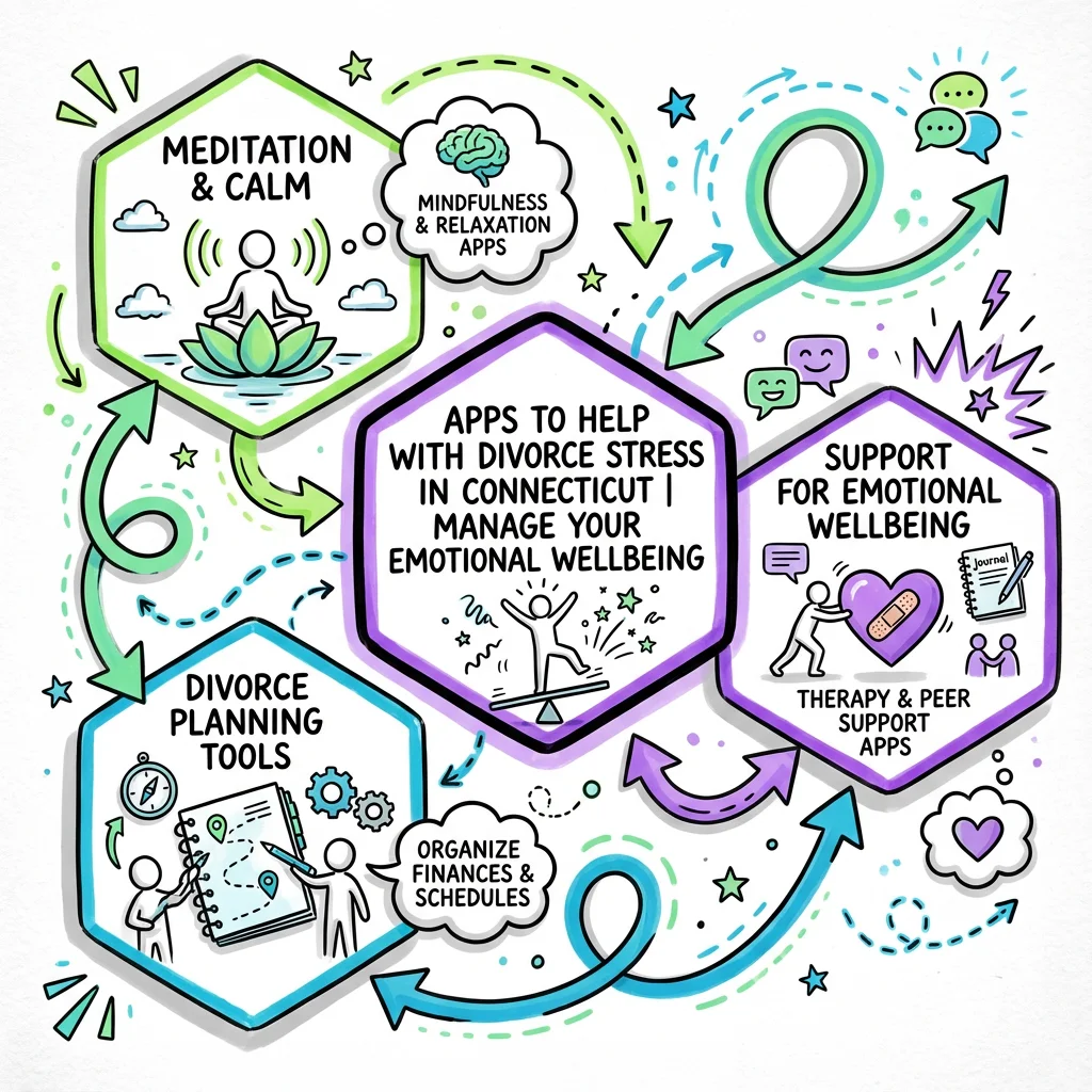 Illustrated guide summarizing the main points about Apps to Help with Divorce Stress in Connecticut | Manage Your Emotional Wellbeing