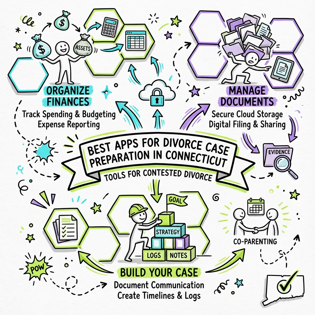 Illustrated guide summarizing the main points about Best Apps for Divorce Case Preparation in Connecticut | Tools for Contested Divorce