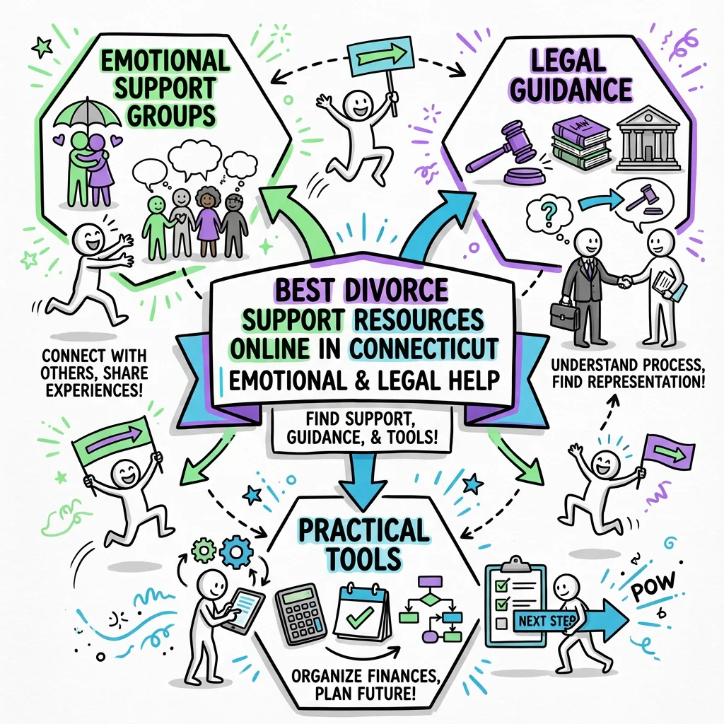 Illustrated guide summarizing the main points about Best Divorce Support Resources Online in Connecticut | Emotional & Legal Help