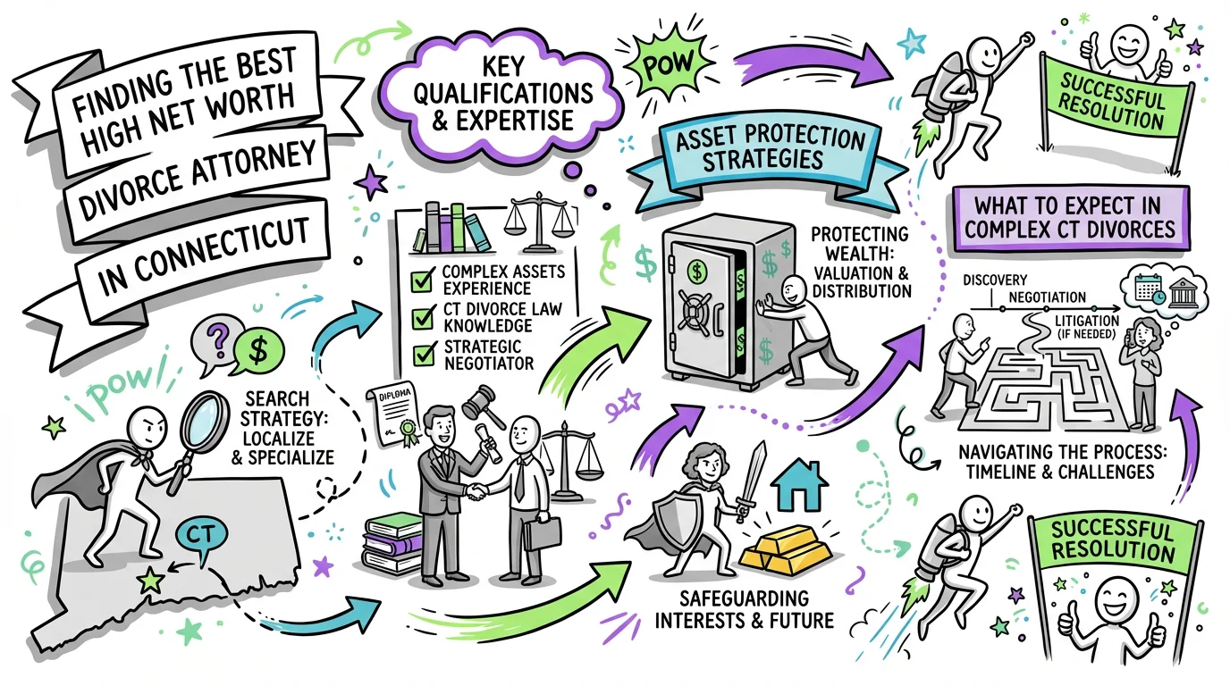 Visual overview showing the key steps and concepts for Finding the Best High Net Worth Divorce Attorney in Connecticut in Connecticut