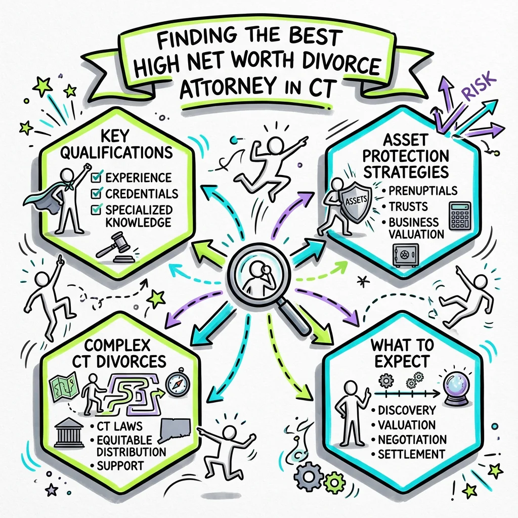 Illustrated guide summarizing the main points about Finding the Best High Net Worth Divorce Attorney in Connecticut