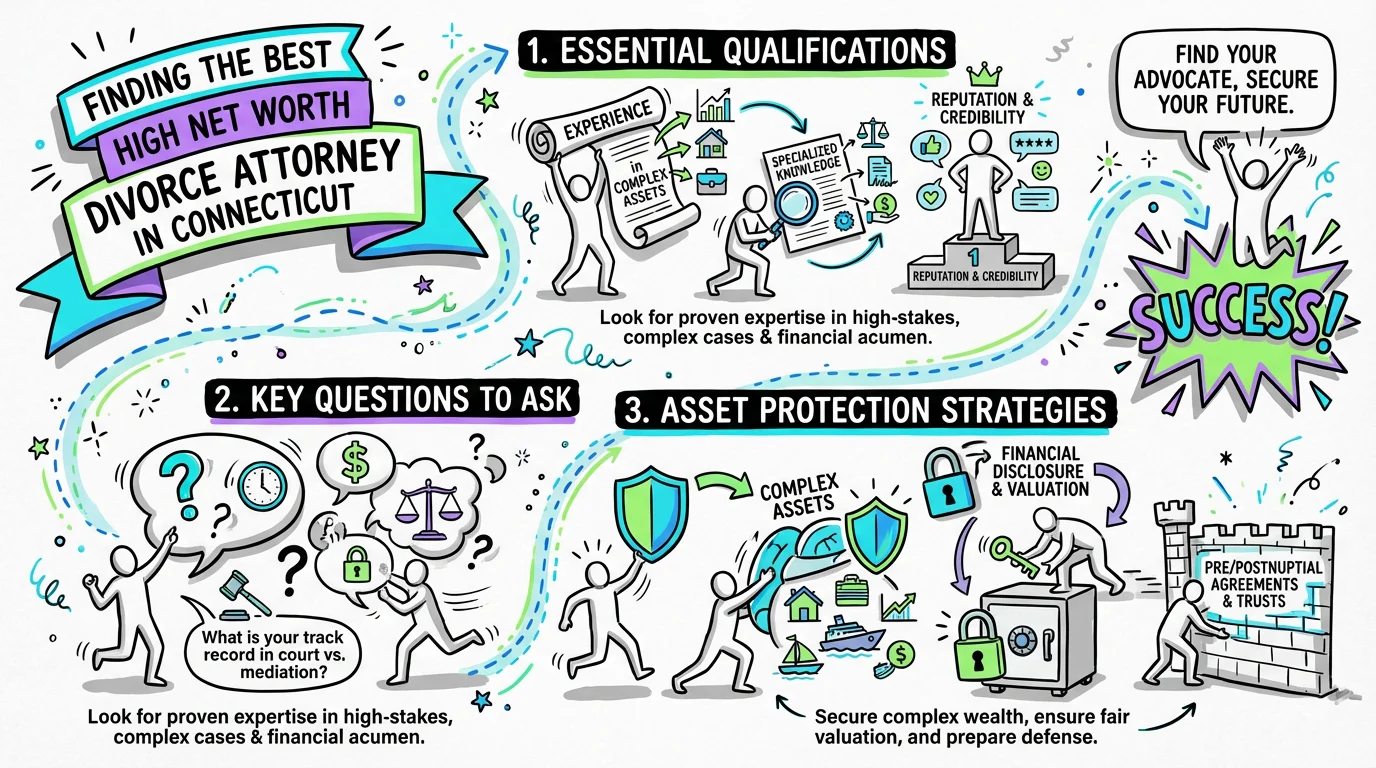 Visual overview showing the key steps and concepts for Finding the Best High Net Worth Divorce Attorney in Connecticut in Connecticut