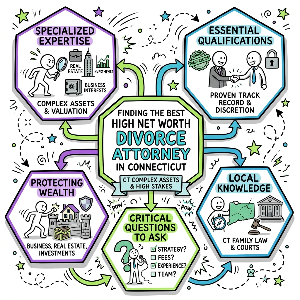 Illustrated guide summarizing the main points about Finding the Best High Net Worth Divorce Attorney in Connecticut