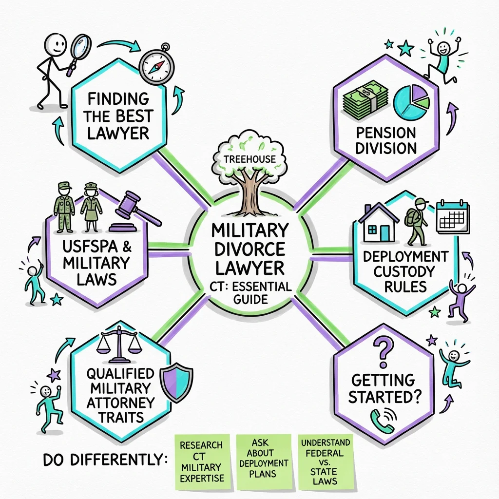 Illustrated guide summarizing the main points about Finding the Best Military Divorce Lawyer in Connecticut: Essential Guide for Service Members and Spouses