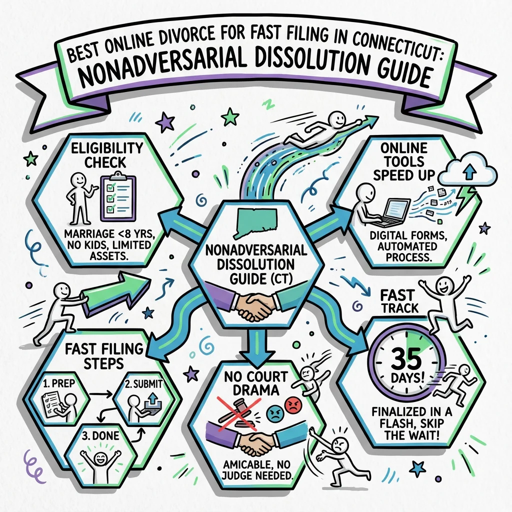 Illustrated guide summarizing the main points about Best Online Divorce for Fast Filing in Connecticut: Nonadversarial Dissolution Guide