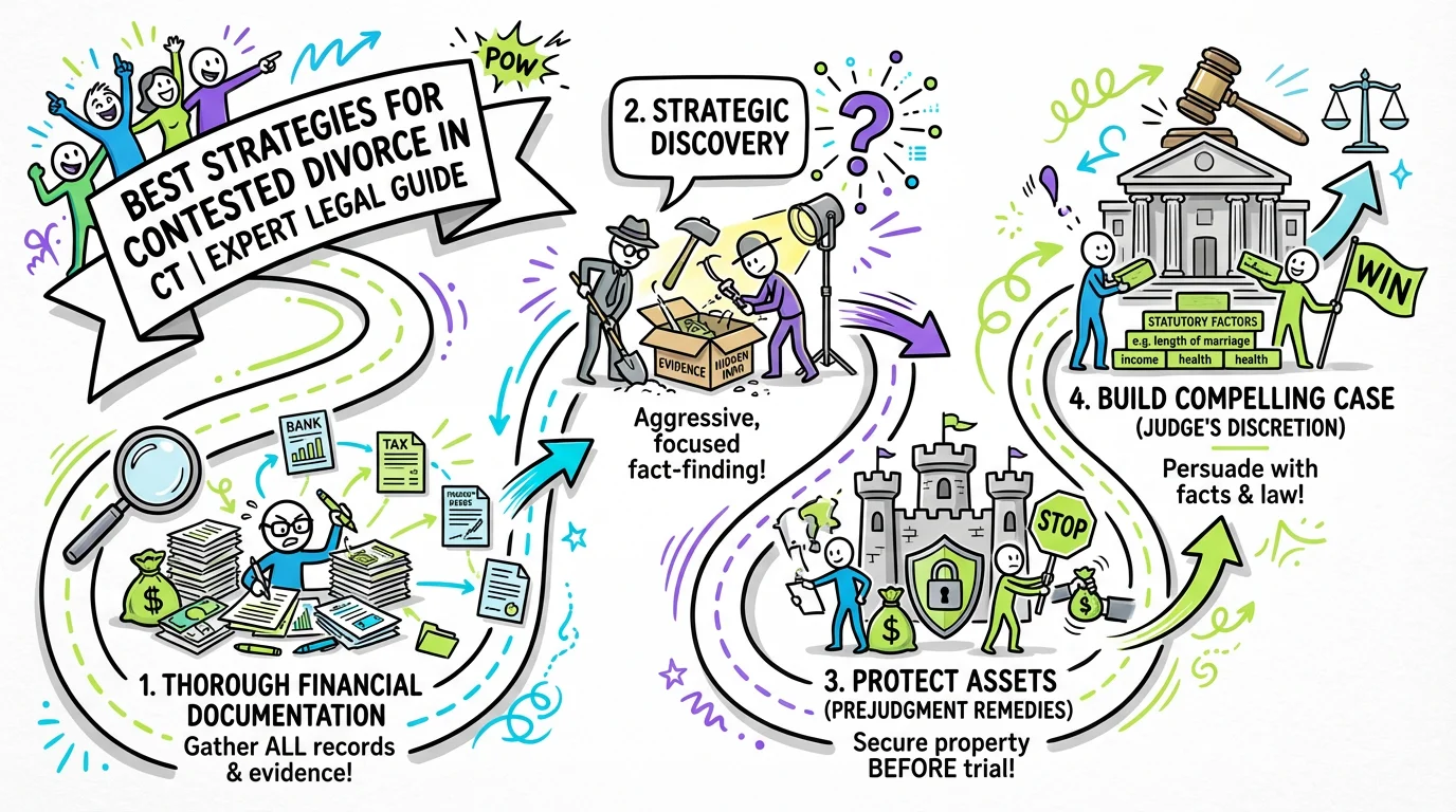 Sketchnote visual guide for Best Strategies for Contested Divorce in Connecticut | Expert Legal Guide