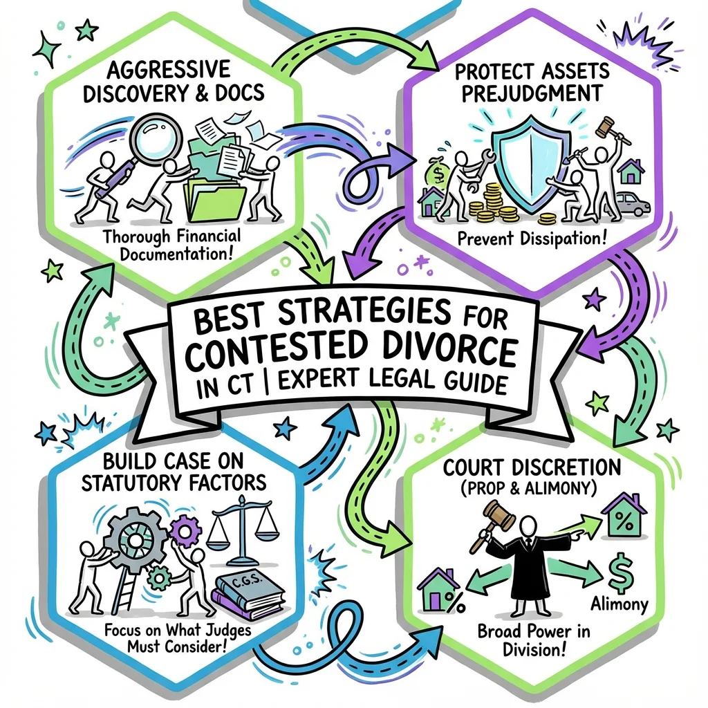 Sketchnote visual guide for Best Strategies for Contested Divorce in Connecticut | Expert Legal Guide