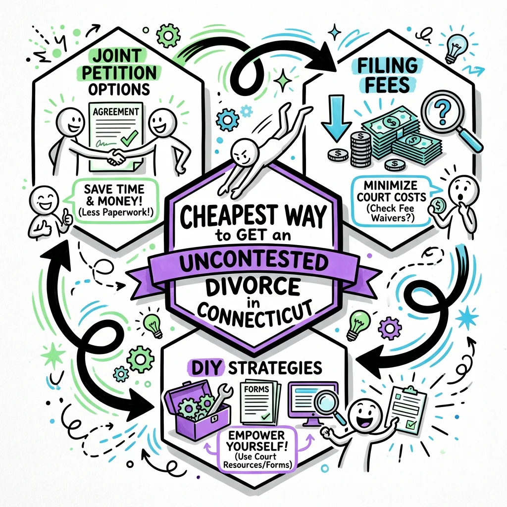 Illustrated guide summarizing the main points about Cheapest Way to Get an Uncontested Divorce in Connecticut