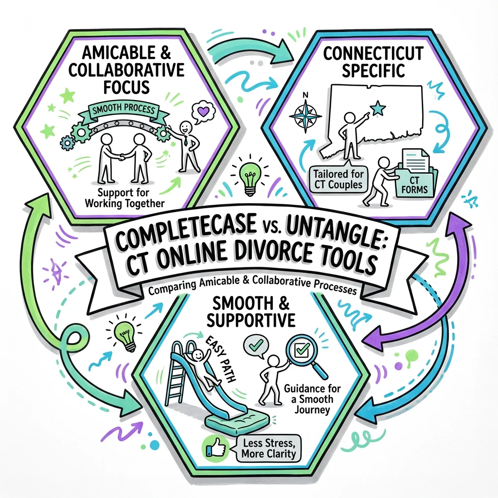 Illustrated guide summarizing the main points about CompleteCase vs Untangle: Comparing Online Divorce Tools for Connecticut Couples