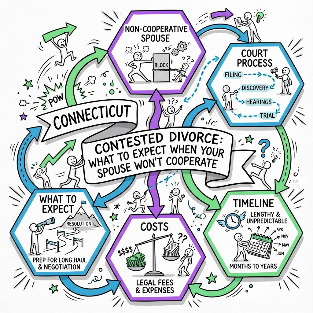 Illustrated guide summarizing the main points about Connecticut Contested Divorce: What to Expect When Your Spouse Won't Cooperate