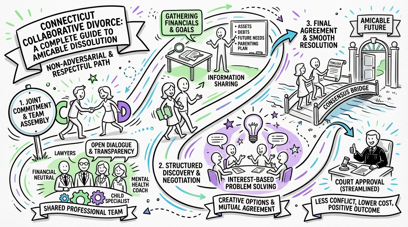 Sketchnote visual guide for Connecticut Collaborative Divorce: A Complete Guide to Amicable Dissolution
