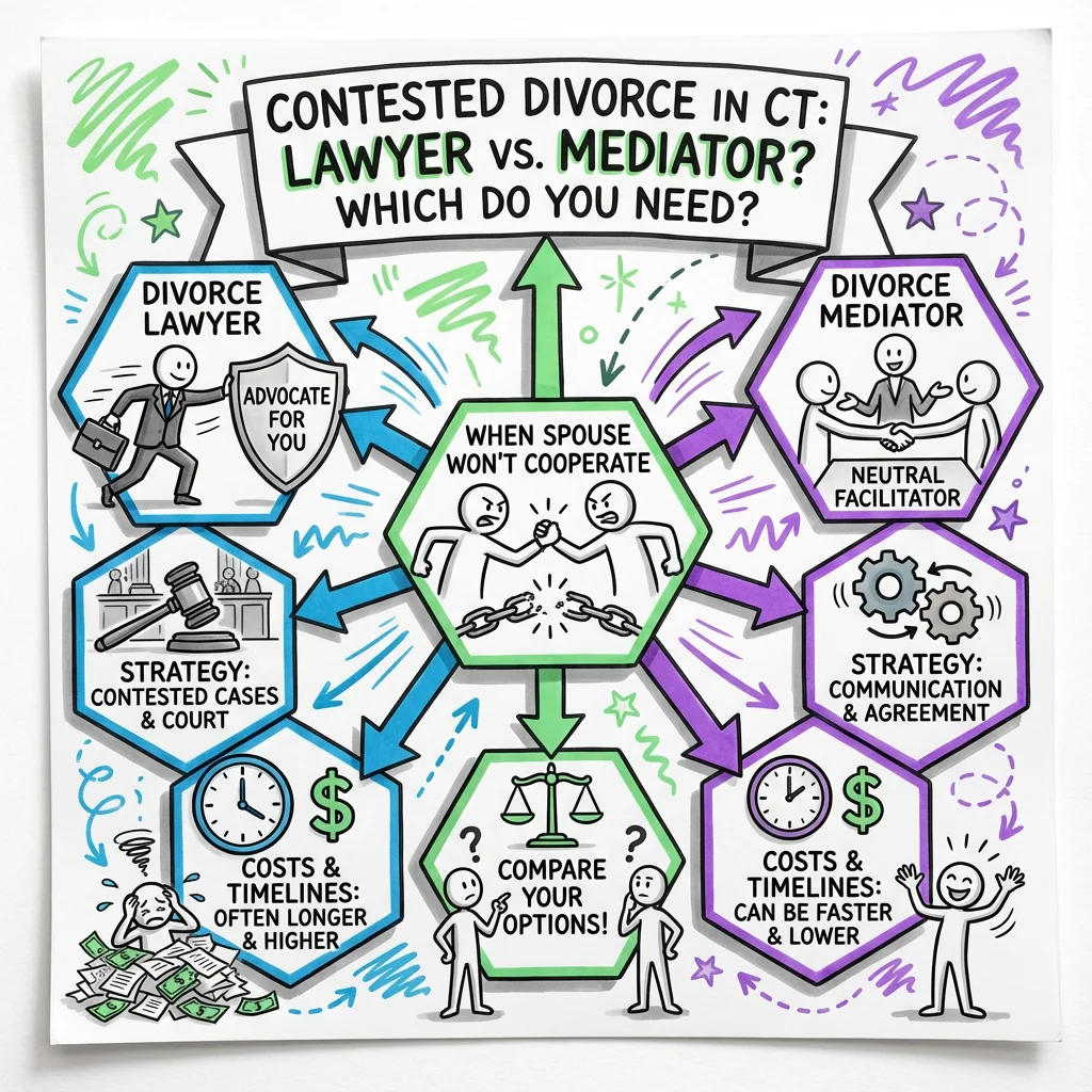 Illustrated guide summarizing the main points about Contested Divorce in Connecticut: Lawyer vs. Mediator - Which Do You Need?