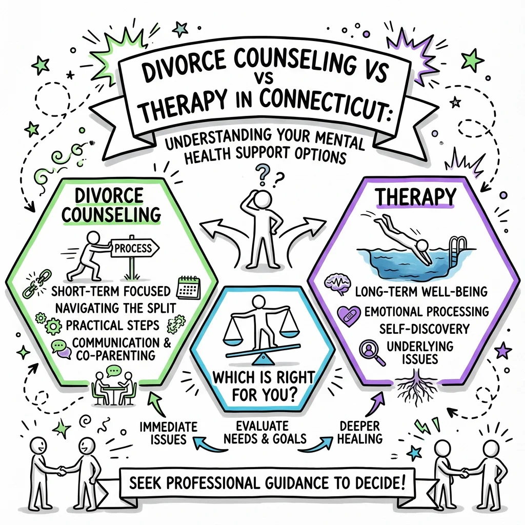 Illustrated guide summarizing the main points about Divorce Counseling vs Therapy in Connecticut: Understanding Your Mental Health Support Options