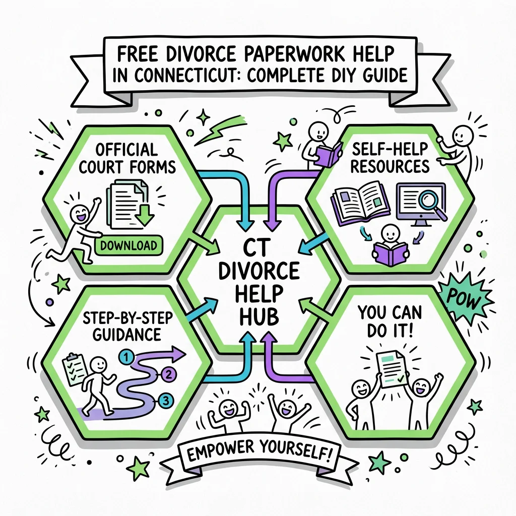 Illustrated guide summarizing the main points about Free Divorce Paperwork Help in Connecticut: Complete DIY Guide