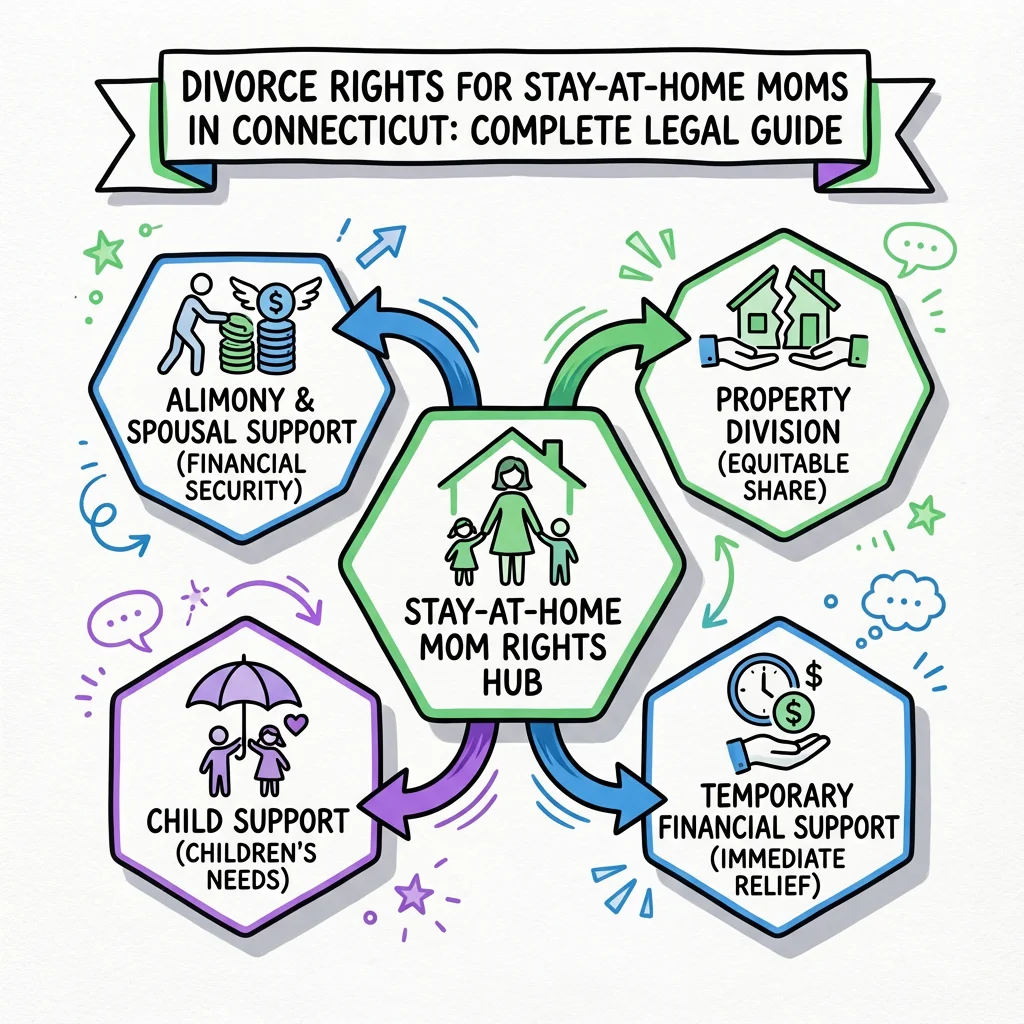 Illustrated guide summarizing the main points about Divorce Rights for Stay-at-Home Moms in Connecticut: Complete Legal Guide