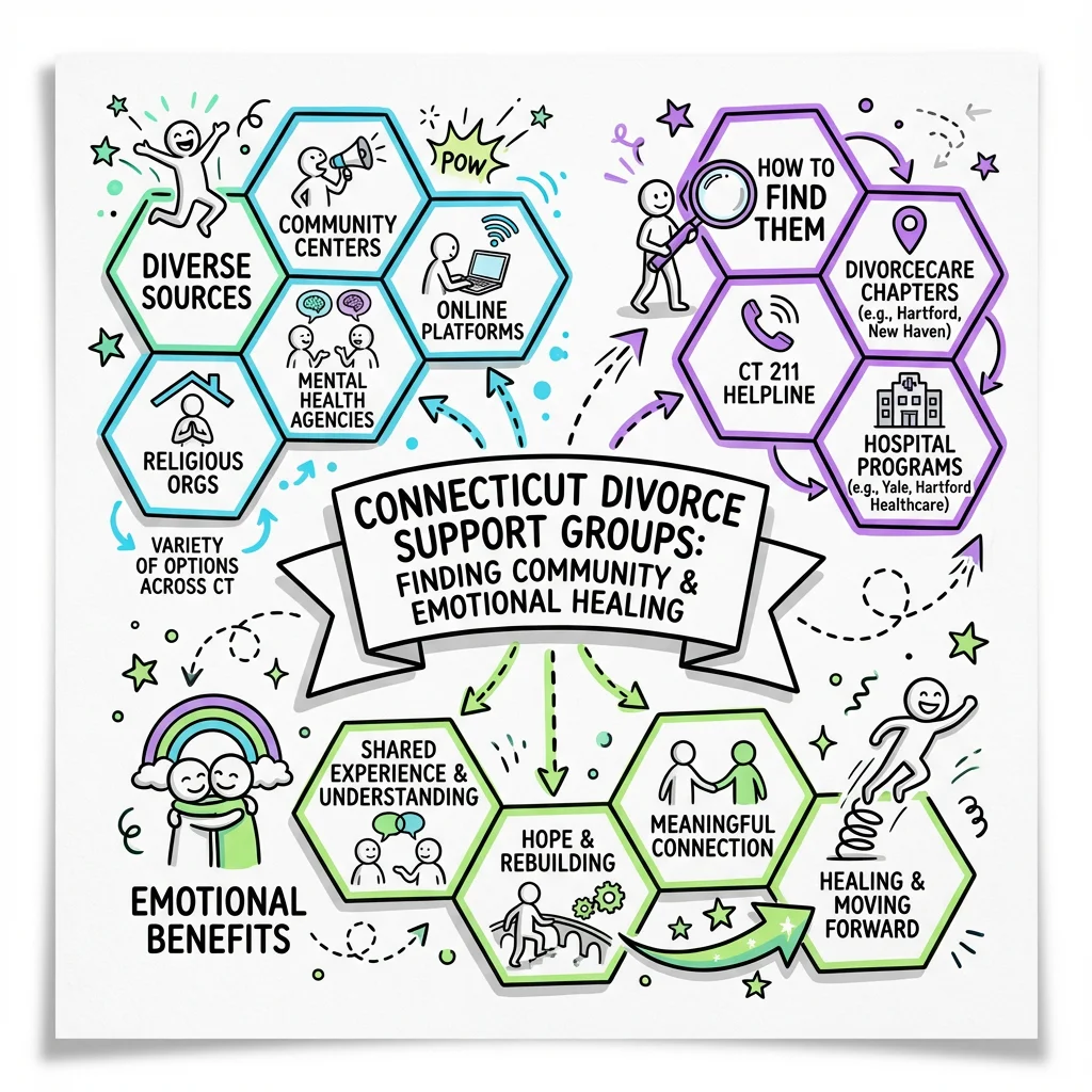 Sketchnote visual guide for Connecticut Divorce Support Groups: Finding Community and Emotional Healing