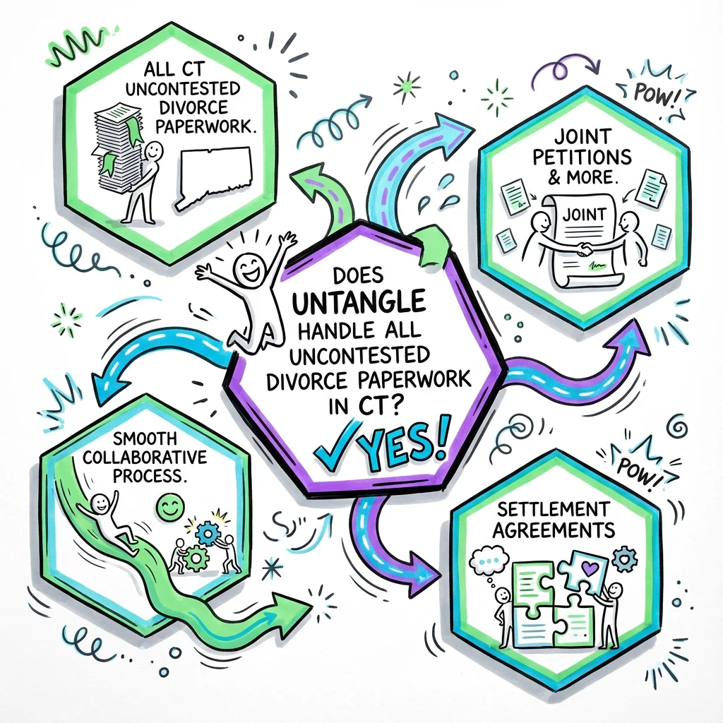 Illustrated guide summarizing the main points about Does Untangle Handle All Uncontested Divorce Paperwork in Connecticut?