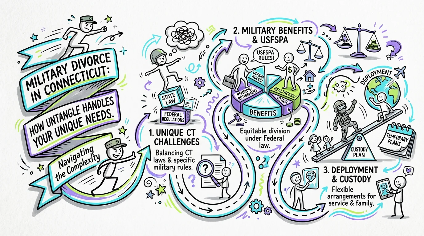 Visual overview showing the key steps and concepts for Military Divorce in Connecticut: How Untangle Handles Your Unique Needs in Connecticut