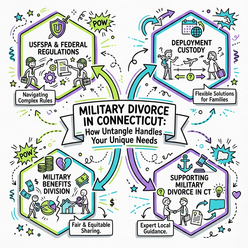 Illustrated guide summarizing the main points about Military Divorce in Connecticut: How Untangle Handles Your Unique Needs
