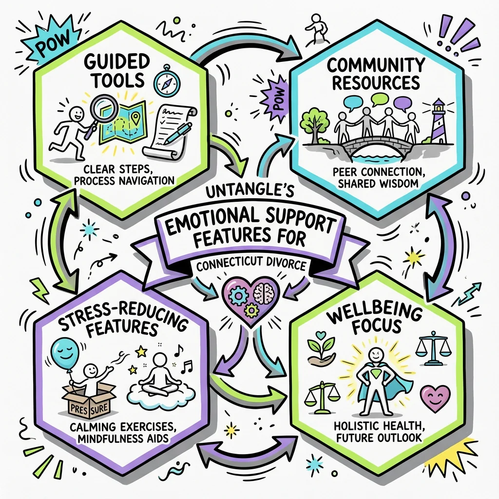 Illustrated guide summarizing the main points about Untangle's Emotional Support Features for Connecticut Divorce