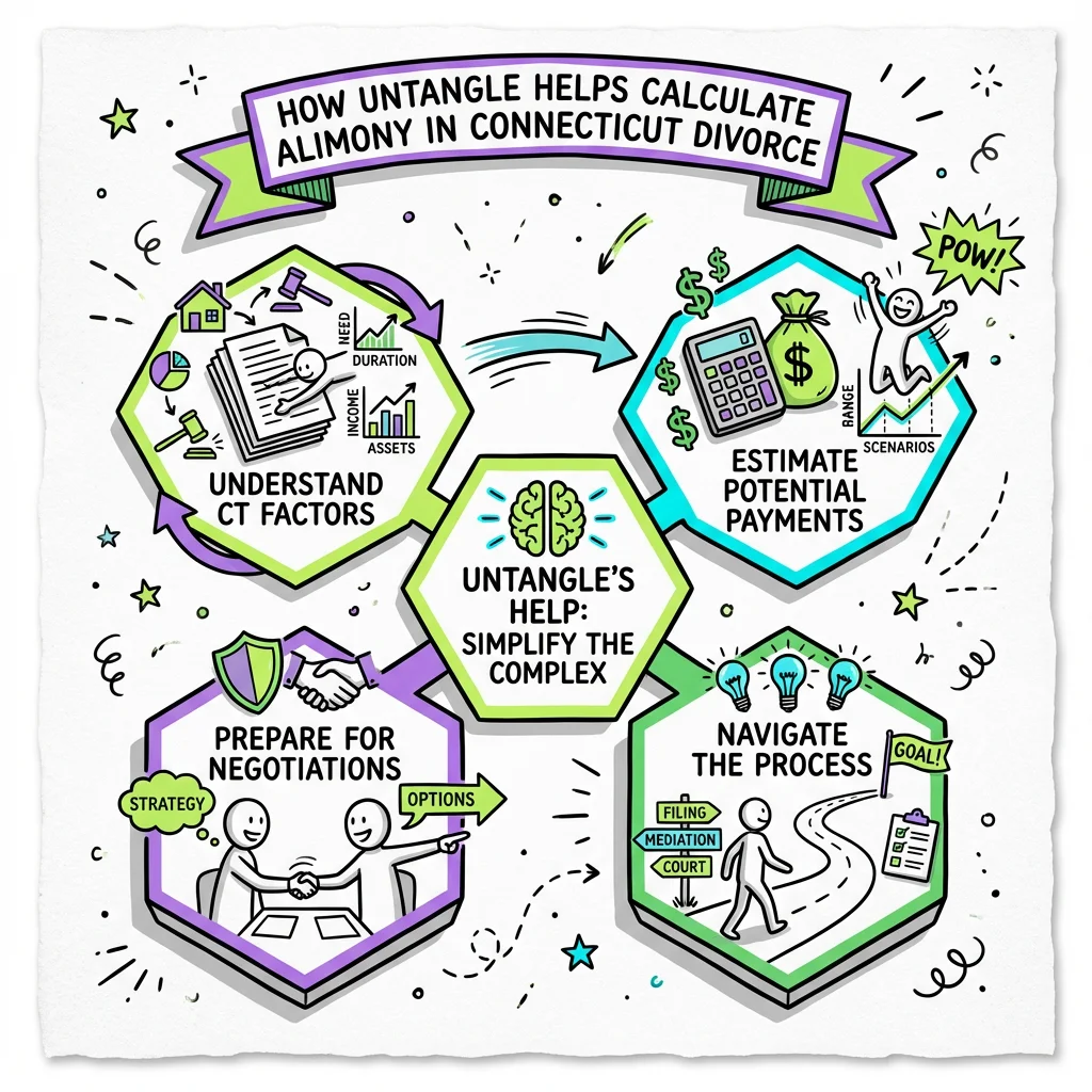 Illustrated guide summarizing the main points about How Untangle Helps Calculate Alimony in Connecticut Divorce