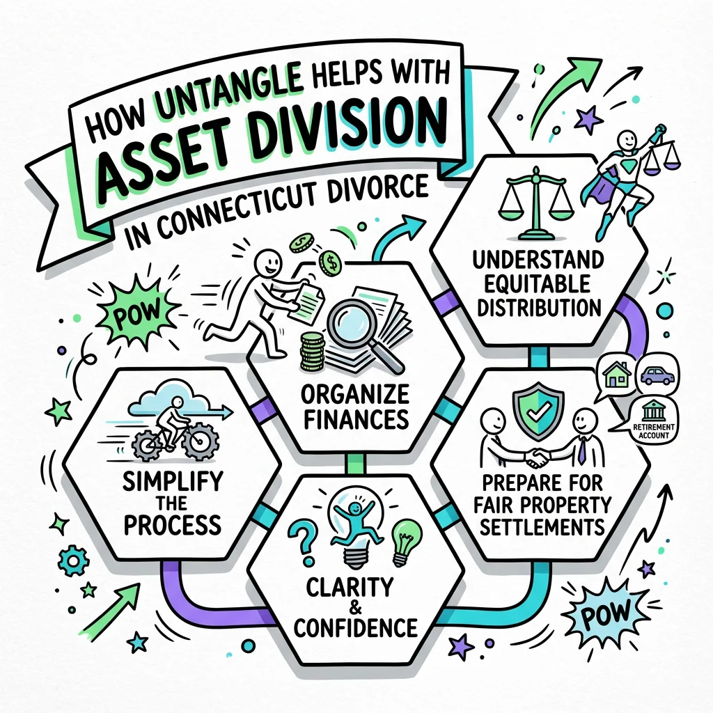 Illustrated guide summarizing the main points about How Untangle Helps with Asset Division in Connecticut Divorce