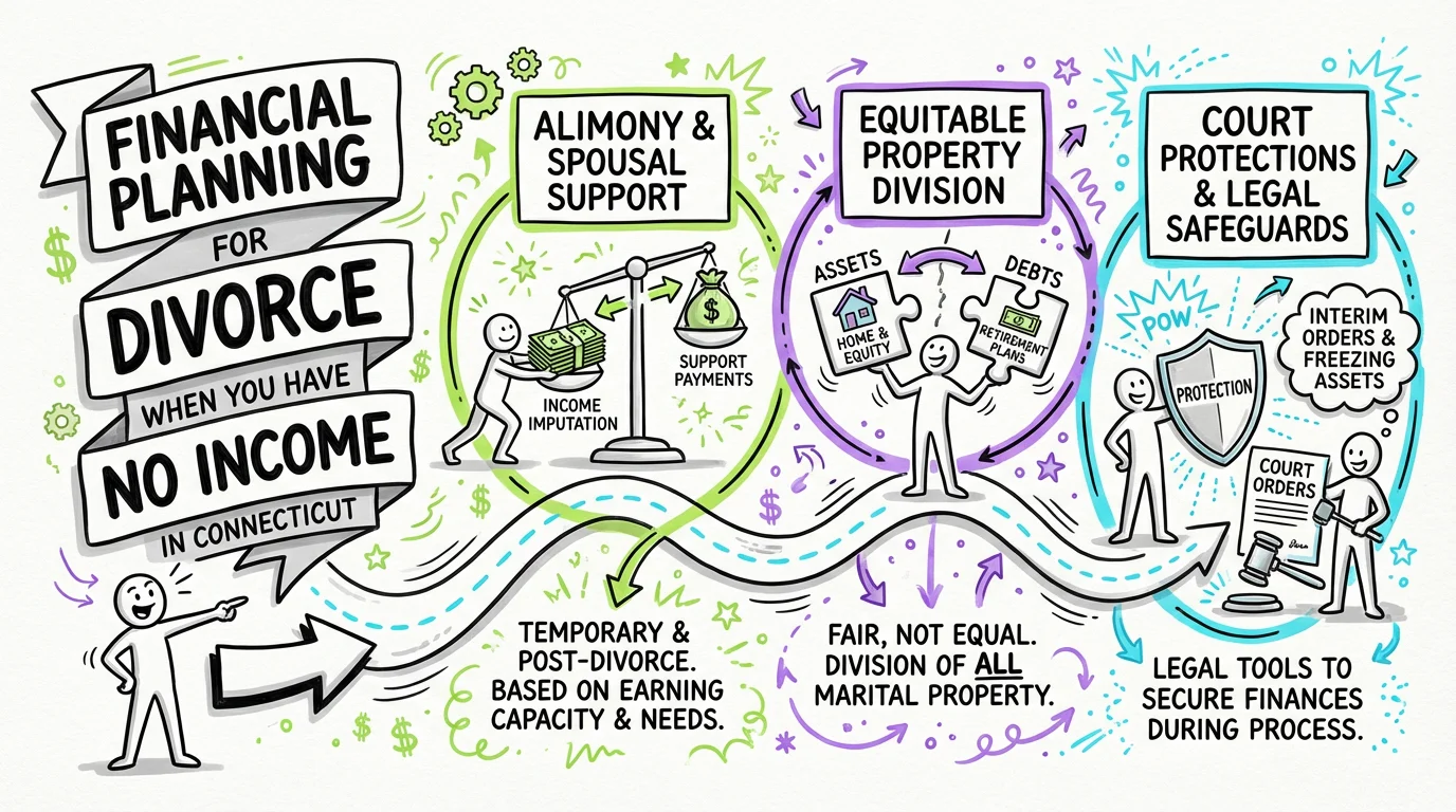 Visual overview showing the key steps and concepts for Financial Planning for Divorce When You Have No Income in Connecticut in Connecticut