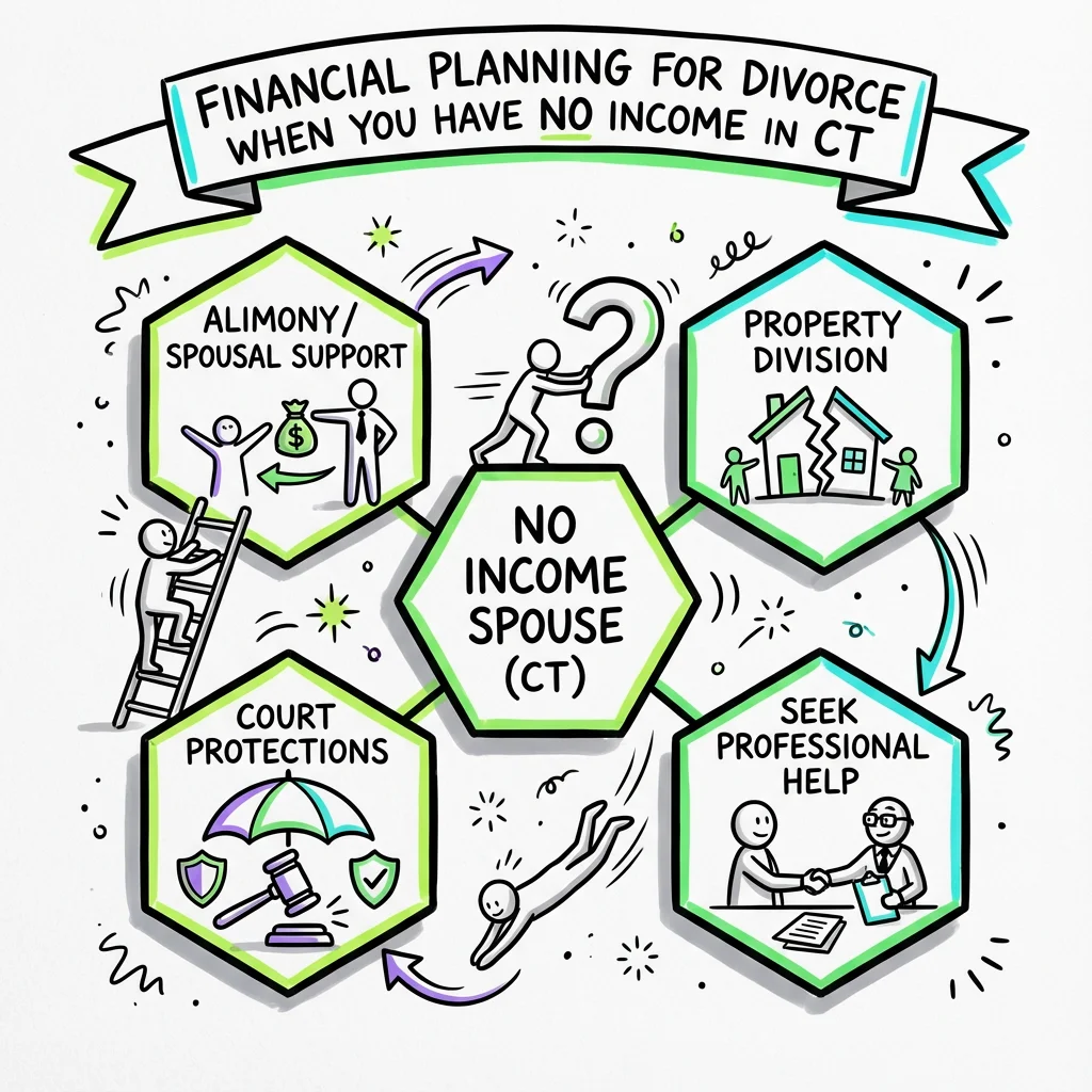 Illustrated guide summarizing the main points about Financial Planning for Divorce When You Have No Income in Connecticut