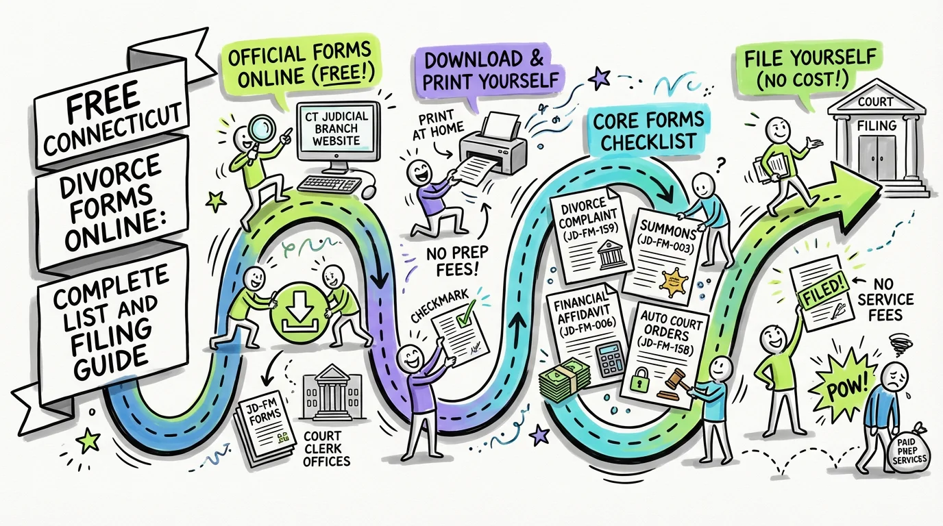Sketchnote visual guide for Free Connecticut Divorce Forms Online: Complete List and Filing Guide