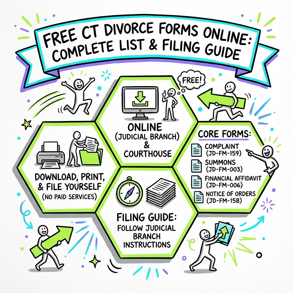 Sketchnote visual guide for Free Connecticut Divorce Forms Online: Complete List and Filing Guide