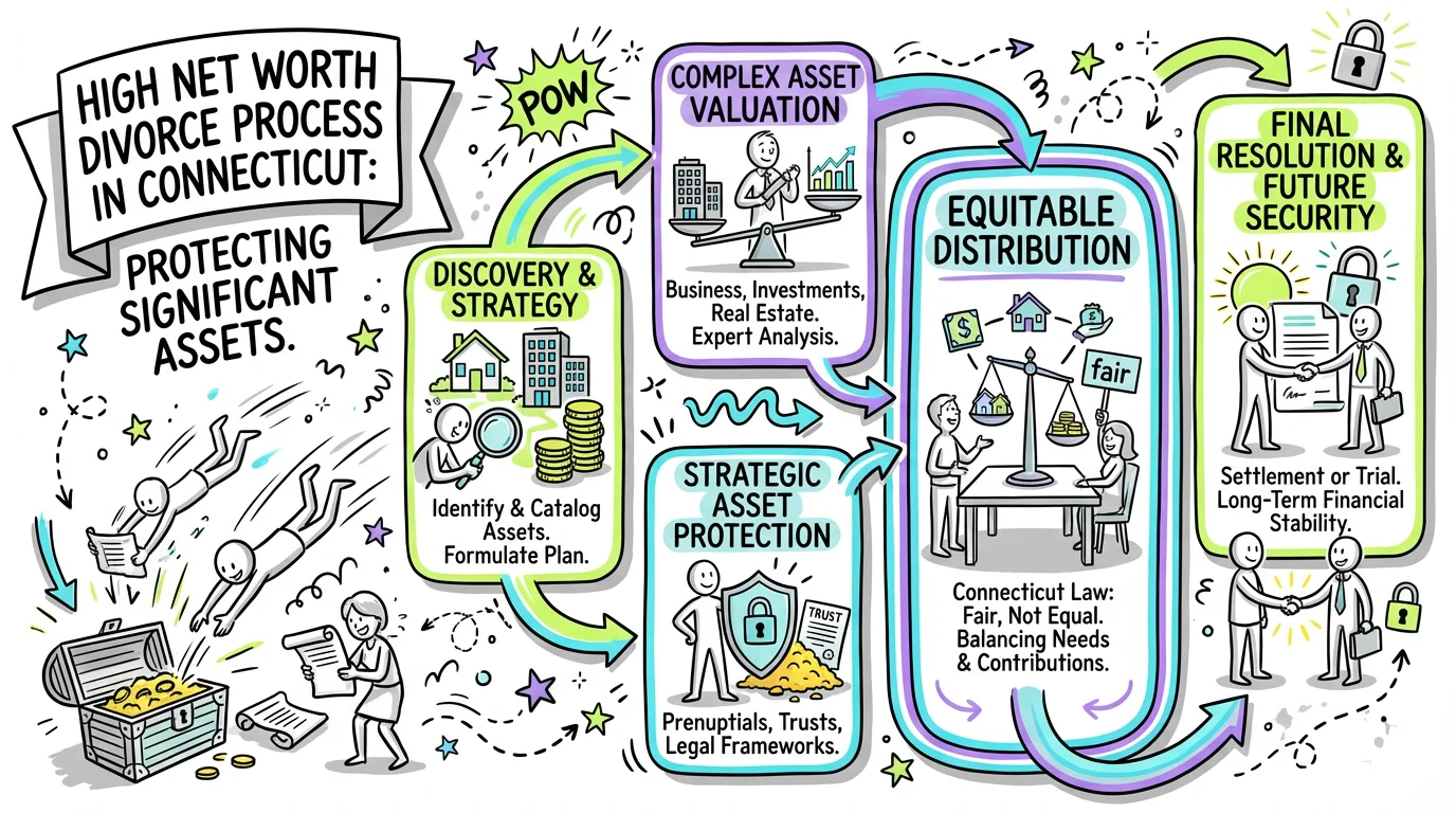 Visual overview showing the key steps and concepts for High Net Worth Divorce Process in Connecticut: Protecting Significant Assets in Connecticut