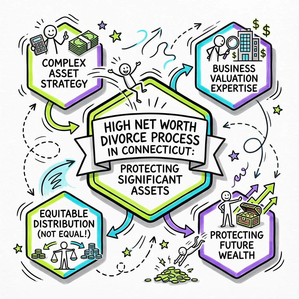 Illustrated guide summarizing the main points about High Net Worth Divorce Process in Connecticut: Protecting Significant Assets