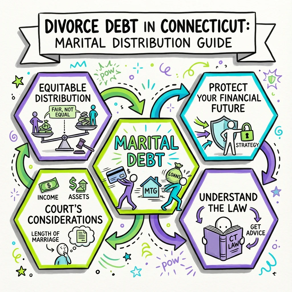 Illustrated guide summarizing the main points about How Debt Is Divided in Connecticut Divorce: Complete Guide to Marital Debt Distribution