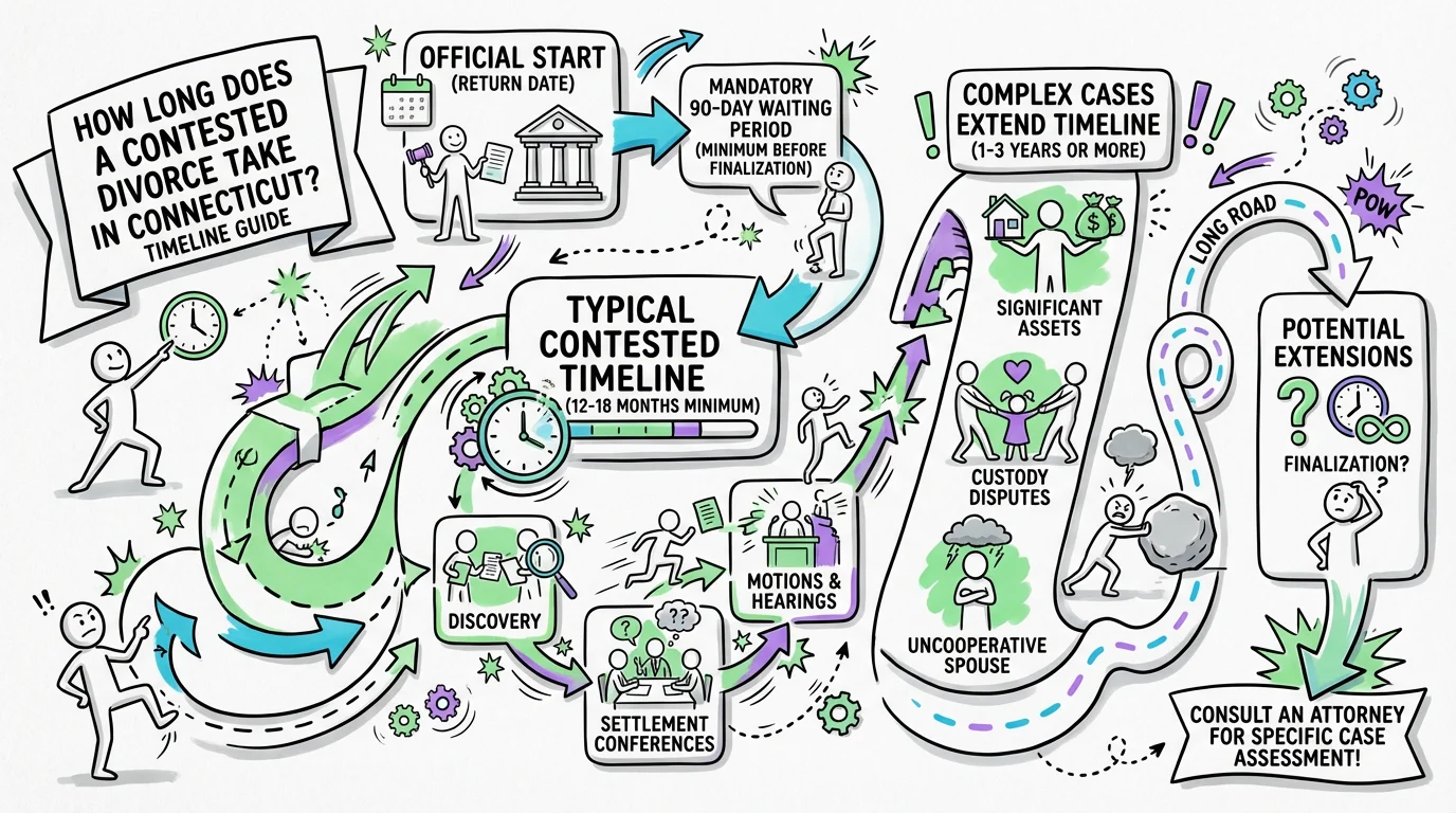 Sketchnote visual guide for How Long Does a Contested Divorce Take in Connecticut? Timeline Guide