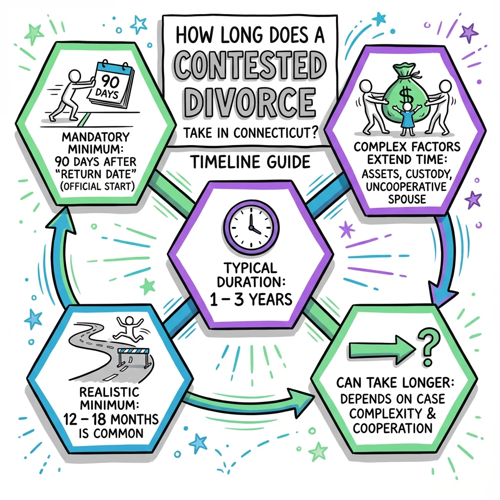 Sketchnote visual guide for How Long Does a Contested Divorce Take in Connecticut? Timeline Guide