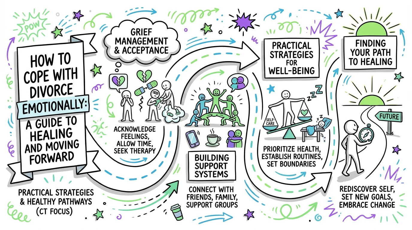 Visual overview showing the key steps and concepts for How to Cope with Divorce Emotionally: A Guide to Healing and Moving Forward in Connecticut
