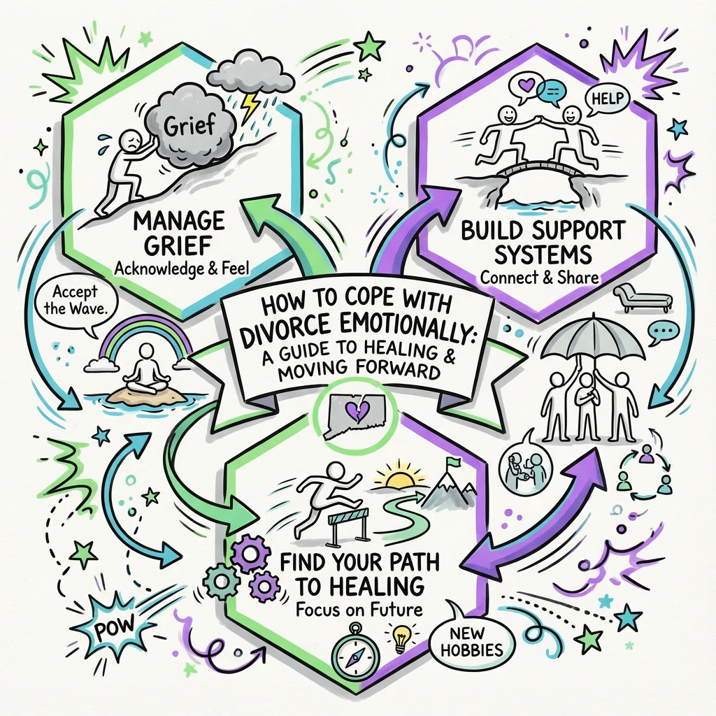 Illustrated guide summarizing the main points about How to Cope with Divorce Emotionally: A Guide to Healing and Moving Forward