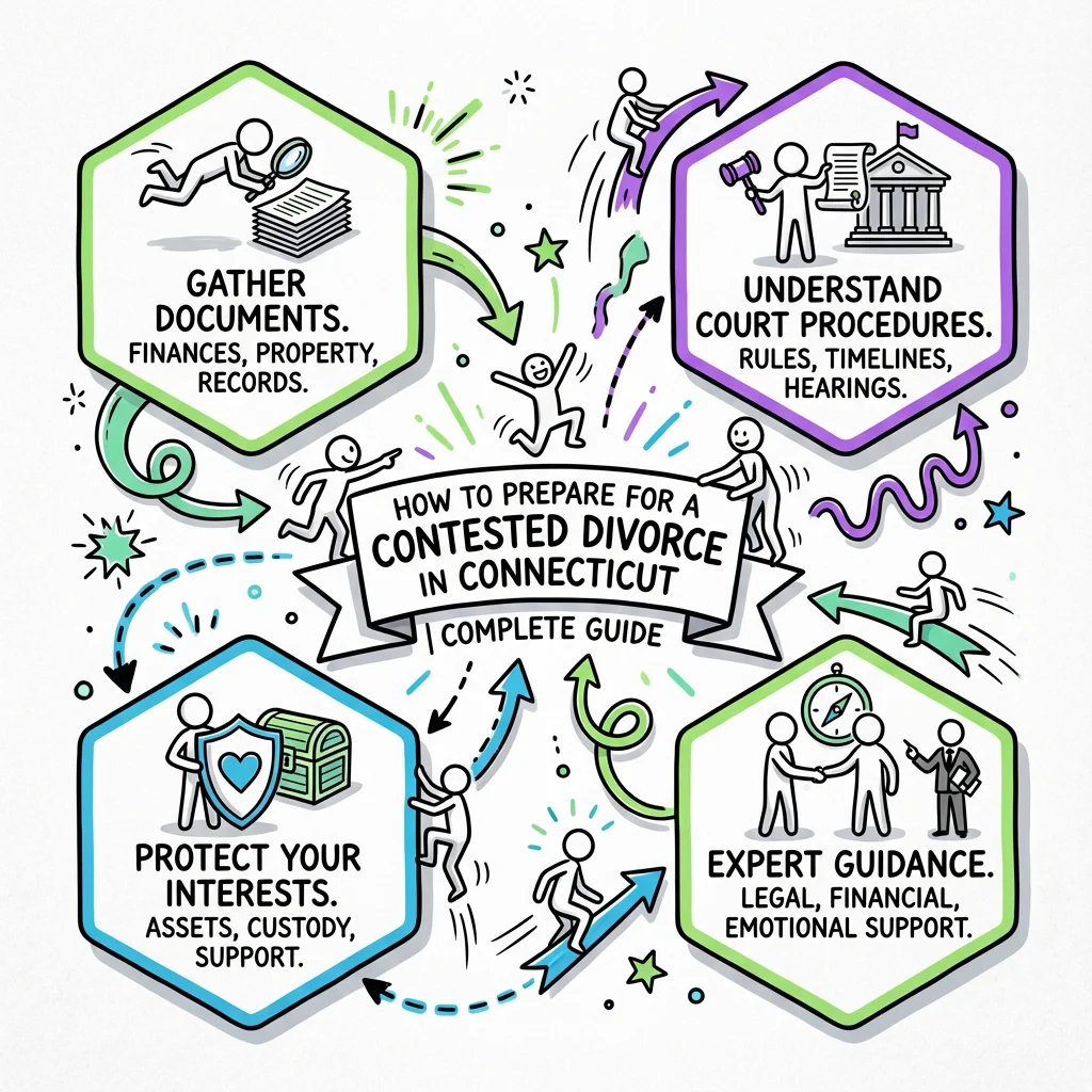 Illustrated guide summarizing the main points about How to Prepare for a Contested Divorce in Connecticut | Complete Guide