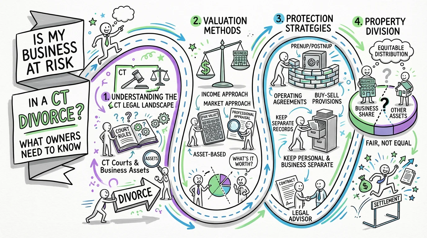 Visual overview showing the key steps and concepts for Is My Business at Risk in a Connecticut Divorce? What Business Owners Need to Know in Connecticut