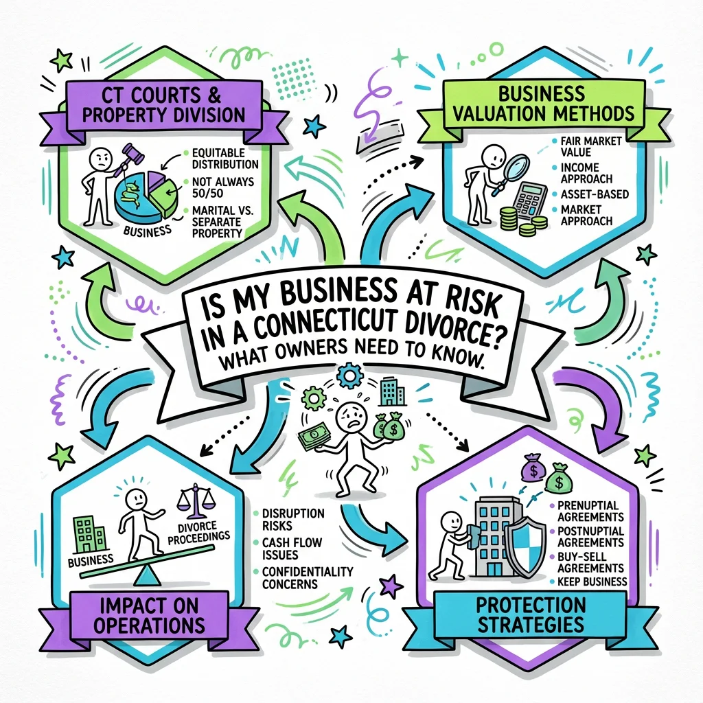 Illustrated guide summarizing the main points about Is My Business at Risk in a Connecticut Divorce? What Business Owners Need to Know