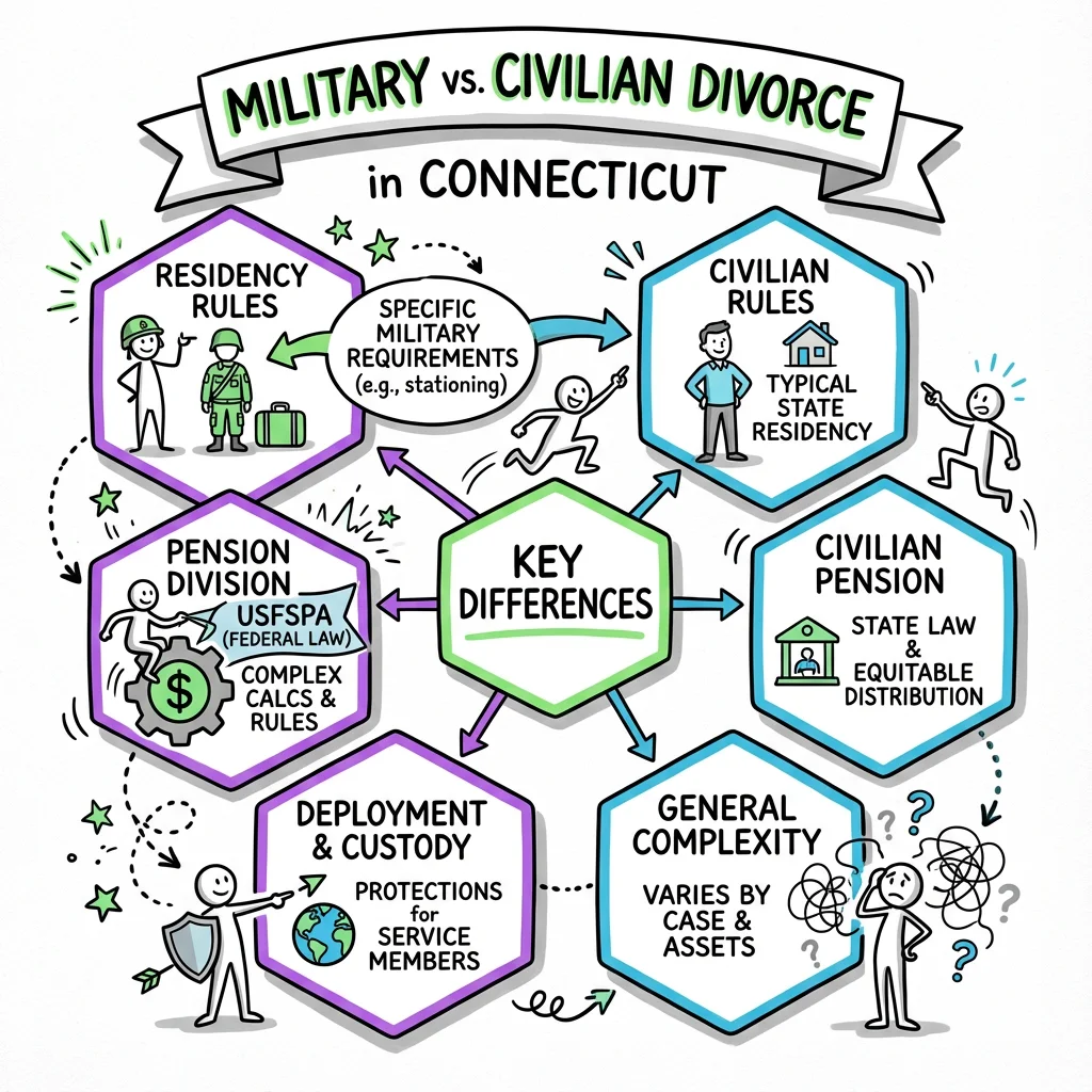 Illustrated guide summarizing the main points about Military Divorce vs Civilian Divorce in Connecticut: Key Differences and Considerations