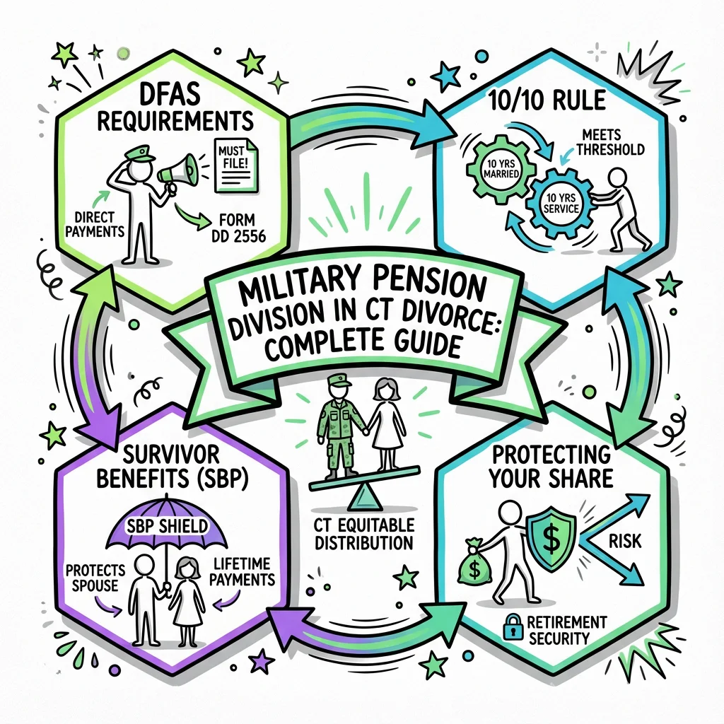 Illustrated guide summarizing the main points about Military Pension Division in Connecticut Divorce: Complete Guide for Service Members and Spouses