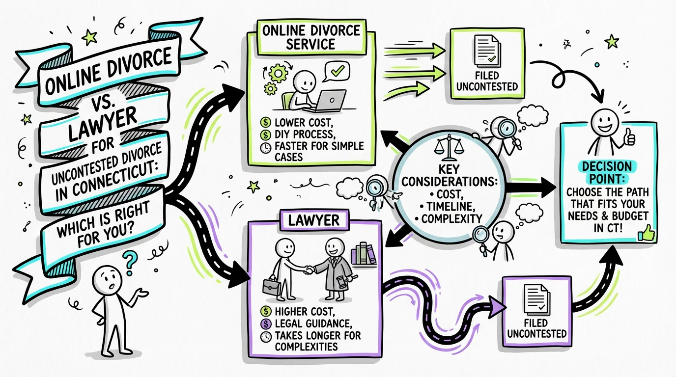 Visual overview showing the key steps and concepts for Online Divorce vs. Lawyer for Uncontested Divorce in Connecticut: Which Is Right for You? in Connecticut