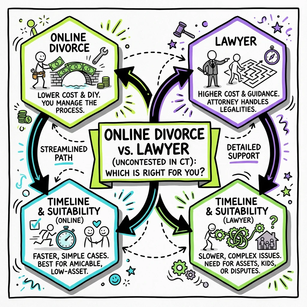 Illustrated guide summarizing the main points about Online Divorce vs. Lawyer for Uncontested Divorce in Connecticut: Which Is Right for You?