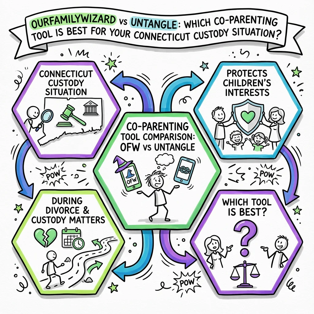 Illustrated guide summarizing the main points about OurFamilyWizard vs Untangle: Which Co-Parenting Tool Is Best for Your Connecticut Custody Situation?
