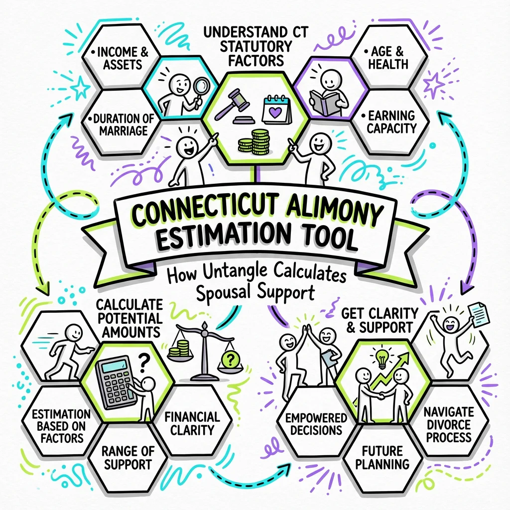 Illustrated guide summarizing the main points about Connecticut Alimony Estimation Tool | How Untangle Calculates Spousal Support