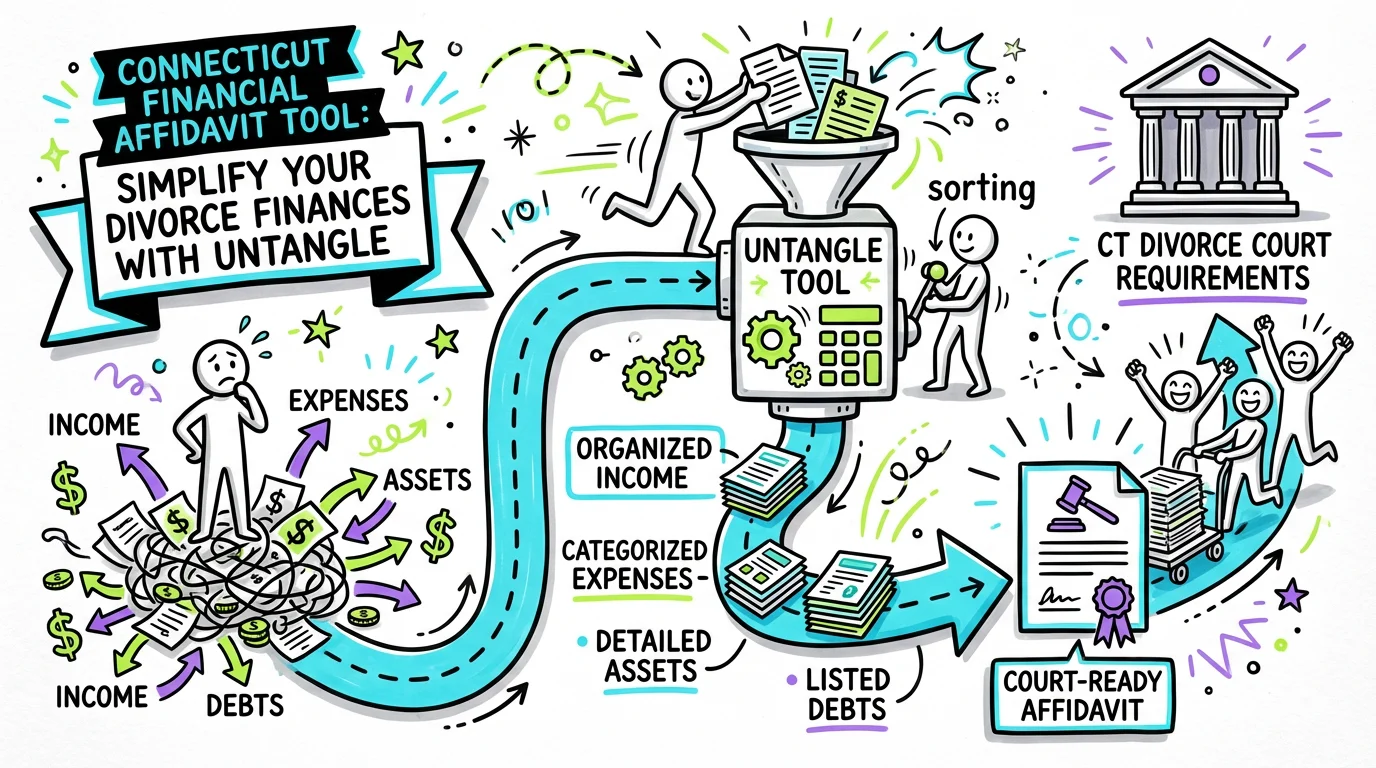 Visual overview showing the key steps and concepts for Connecticut Financial Affidavit Tool: Simplify Your Divorce Finances with Untangle in Connecticut